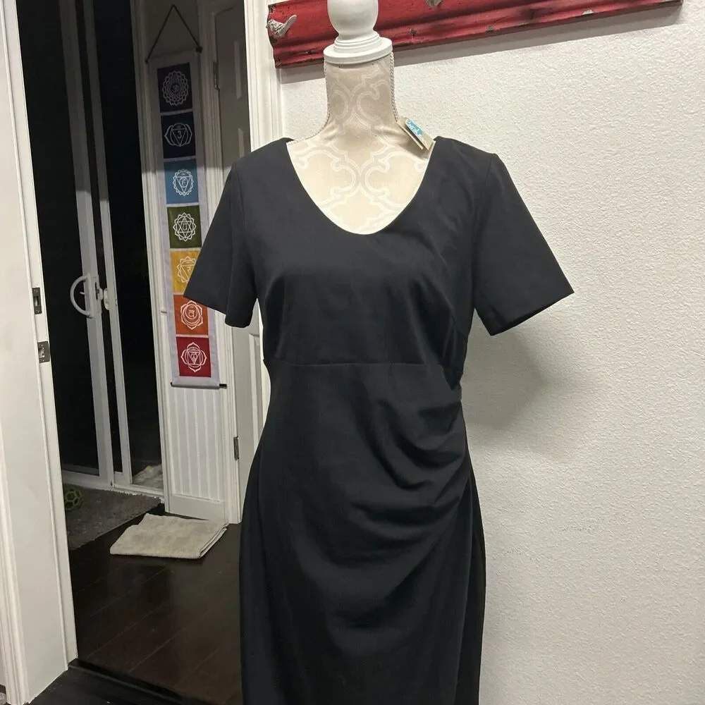 Boden Women Madison Ponte Dress Knee Length Black  Sz 12 V Neck Shirred NWT